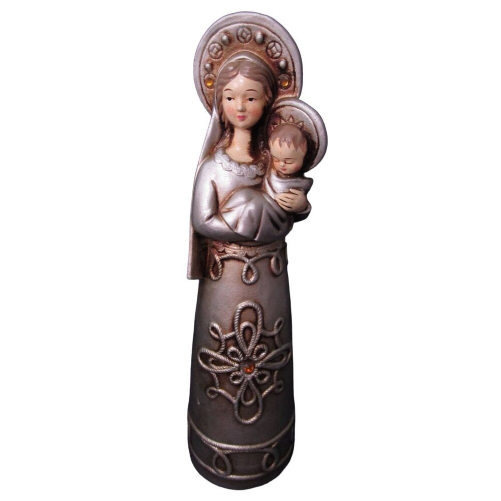 Vintage Papier Mache Madonna With Child Figurine Silver Tone Rhinestone Accents